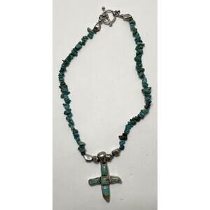 Turquoise & Sterling Silver Cross Necklace 16" Stamped Nugget